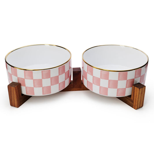 Podinor Ceramic Dog Bowls for Medium Dogs, 3.5 Cups Checkered Dog Food and Water Bowl with Acacia Wood Stand, Non-Slip Anti-Tip Elevated Feeding Station, Pink and White