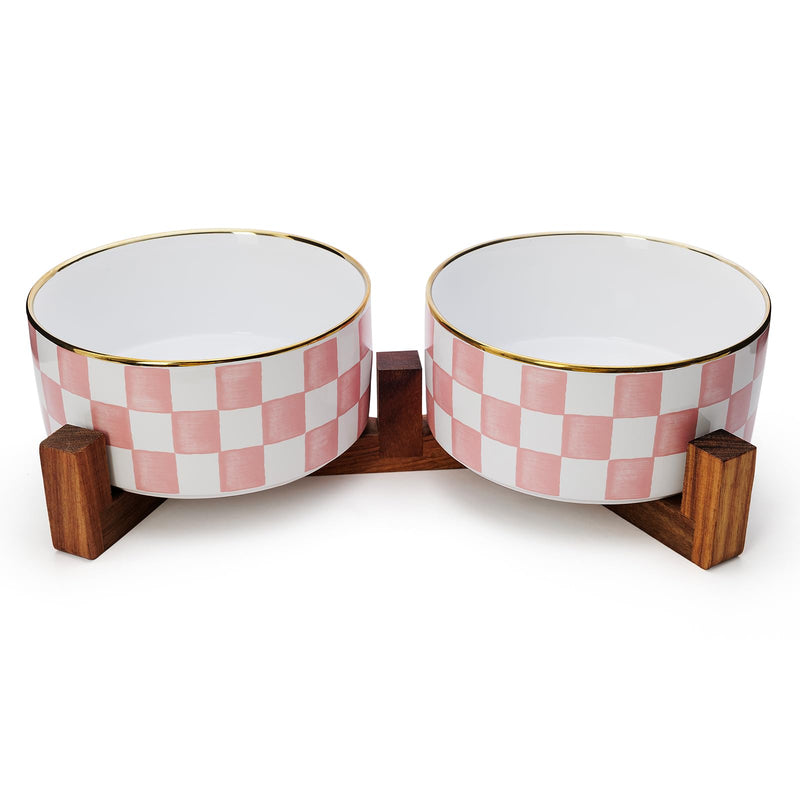Podinor Ceramic Dog Bowls for Medium Dogs, 3.5 Cups Checkered Dog Food and Water Bowl with Acacia Wood Stand, Non-Slip Anti-Tip Elevated Feeding Station, Pink and White