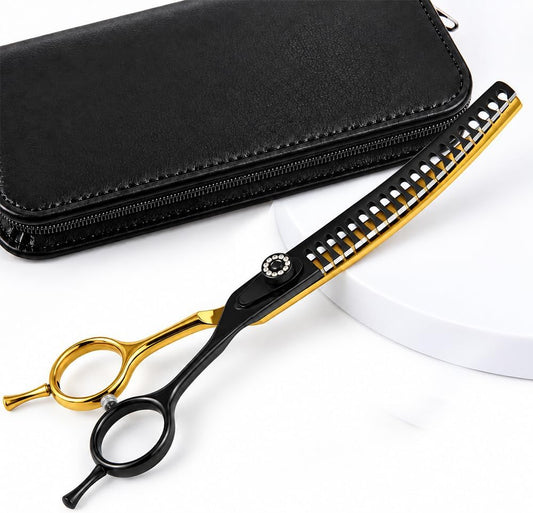 7" Curved Chunker Dog Grooming Scissors, 21 Teeth T-Shape (70% Thinning), Black & Gold Pet Shear, Professional Texturizing Scissors for Dogs, Professional Ergonomic Handle, 6Cr13 Stainless Steel
