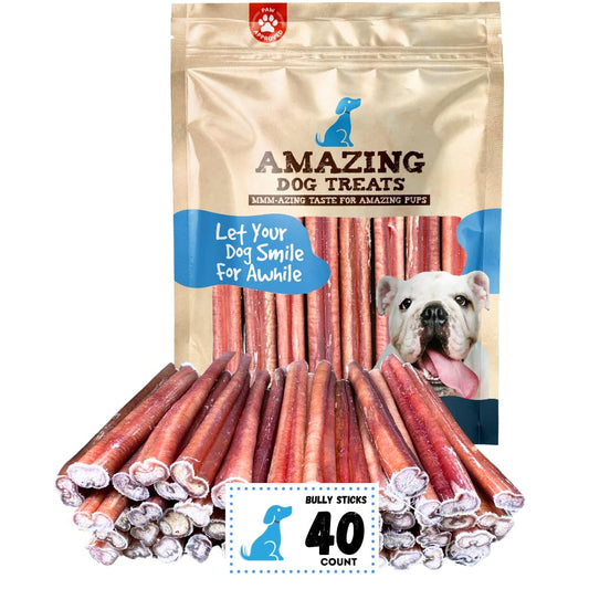 Amazing Dog Treats - 6 Inch Medium Size Bully Sticks (40 Count) - Bulk Bully Sticks for Dogs - No Hide Bully Stick Dog Bones