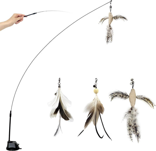 Cat Feather Wand Toy with Suction Cup, 2 in 1 Hands Free & Handheld Interactive Cat Teaser, Long Flexible Steel Wire Sti