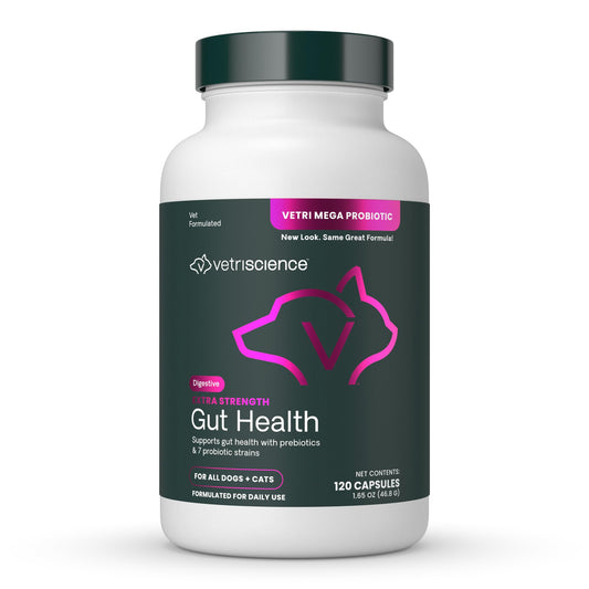 VetriScience Extra Strength Gut Health Easy-Open Capsules, Mega Probiotic and Prebiotic Digestive Supplement for Dogs and Cats, for Diarrhea and Immune Support, 7.5 Billion CFU Per Capsule, 120 Count