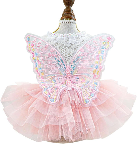 ANIAC Butterfly Dog Dress with Pink Tutu Funny Pet Clothes with Wing Girl Puppy Dress for Small Dogs Pet Butterfly Costu