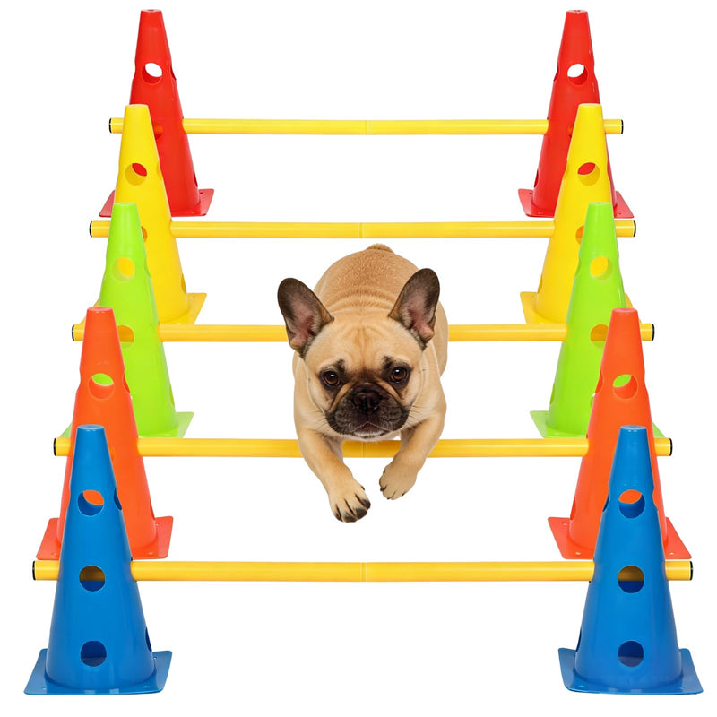 HFYZZ Dog Agility Hurdle Cone Set, 10er 12.5Inch Color Agility Cones and 5er 31.5Inch Agility Rods, Equipment Obstacle Course Backyard Equipment for Pet Exercise