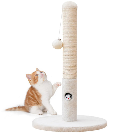 Woochpet Cat Scratching Post for Kitten, 23in Tall Cute Small Cat Scratching Post with Premium Sisal Rope and Dangling Cat Toy Balls (White)