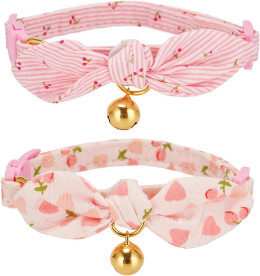 YUDOTE Cotton Bowtie Cat Collar with Bell 2 Pack Adjustable Breakaway Kitten Collars with Removeable Bow Pink Girl Cat Collars
