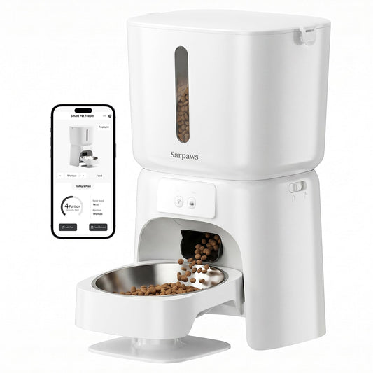 SARPAWS Automatic Cat Feeder, 6L WiFi Smart Pet Food Dispenser with App Control, Elevated 5° Slanted Stainless Steel Bowl, Timed Feeding for Cats and Dogs, Voice Recorder, Dual Power Supply