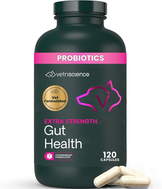 VetriScience Extra Strength Gut Health Easy-Open Capsules, Mega Probiotic and Prebiotic Digestive Supplement for Dogs and Cats, for Diarrhea and Immune Support, 7.5 Billion CFU Per Capsule, 120 Count