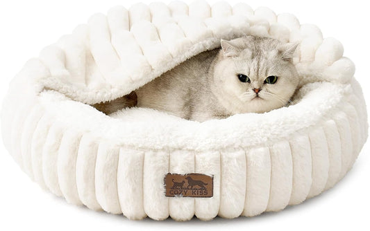 COZY KISS Hooded Blanket Cat Bed – 20"x20" Round Fluffy Donut Cuddler for Cats & Toy Dogs, Anti-Anxiety Faux Fur Pet Bed