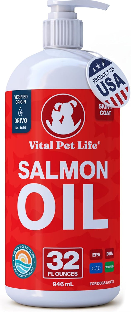 Salmon Oil for Dogs & Cats - Healthy Skin & Coat, Fish Oil, Omega 3 EPA DHA, Liquid Food Supplement for Pets, All Natural, Supports Joint & Bone Health, Natural Allergy & Inflammation Defense, 32 oz