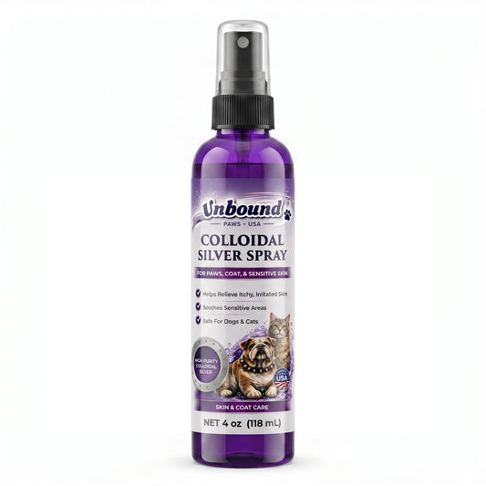 Unbound Paws USA Colloidal Silver Spray for Dogs & Cats – Gentle Skin & Coat Support – Soothes Irritated Skin, Rashes & Scratches – Natural Pet Care – 4 Oz