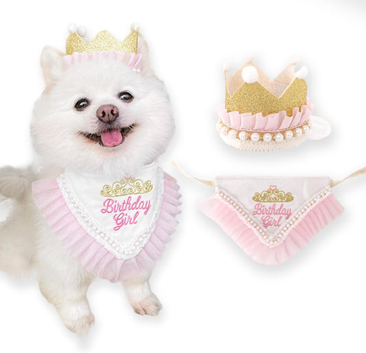 Princess Dog Crown Hat Scarf Set, Dog Birthday Hat Dress Outfit, Wedding Party Supplies for Girl Cats and Small Mini Dog