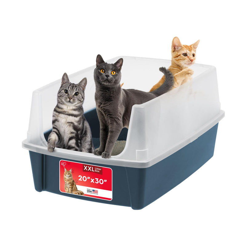 IRIS USA Cat Litter Box XX-Large Open Top with High Sided Walls Tall Scatter Shield Scoop Included Easy Clean Plastic Pan for Big Cats Kittens Multi-Cat Households 30