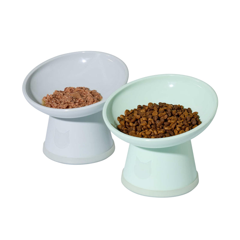 Necoichi 2pcs Tilted Elevated Cat Food Bowls BPA-Free Plastic 15° Tilted Raised Cat Bowl for Whisker & Neck Fatigue, Dishwasher Safe Non-Slip & Anti-Vomiting Ergonomic Design (Smoky Mint)