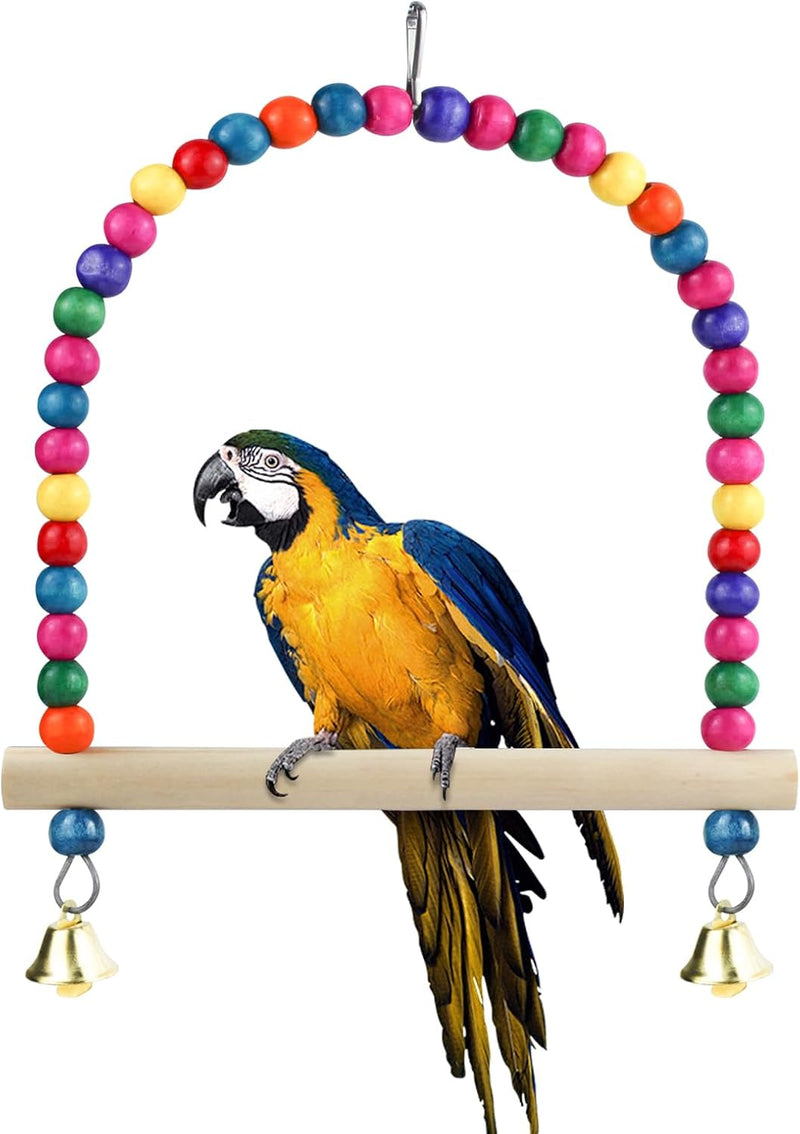 Wooden Bird Swing, 9 Inches Hanging Birds Cage Perches with Playing Bell, Natural Bird Chew Toys Boredom Breaker Bird To