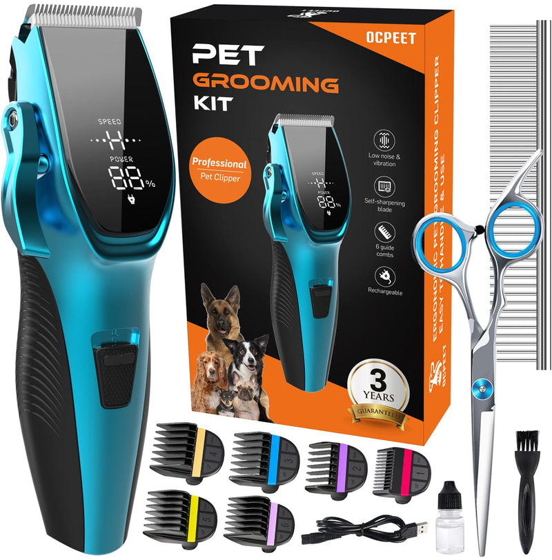 Dog Grooming Kit Low Noise Dog Clippers for Grooming Rechargeable Cordless Dog Grooming Clippers 2 Speed 6 Guards for Thick Knot Coats Pet Grooming Kit for Small Medium Large Dogs Cats (Blue)
