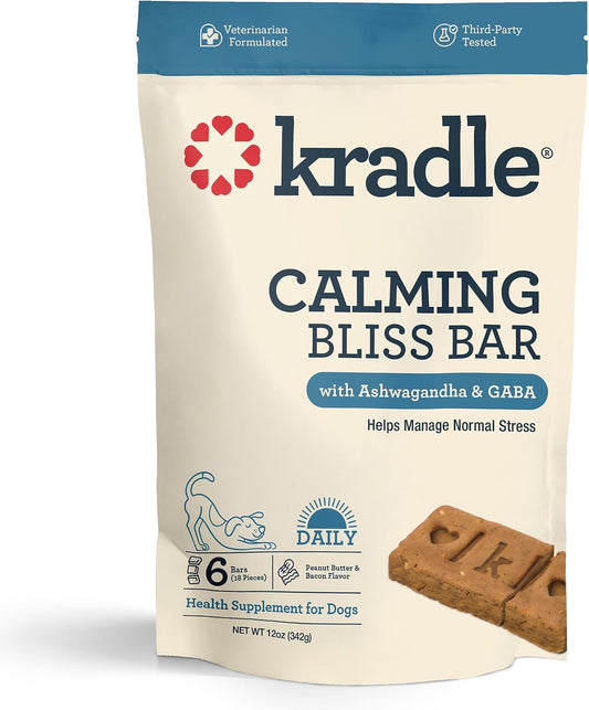 Kradle Bliss Bars for Dogs - Peanut Butter Flavored Calming - GABA L-Theanine - On The Go Packaging - Supports a Calm Demeanor - 6 Bars