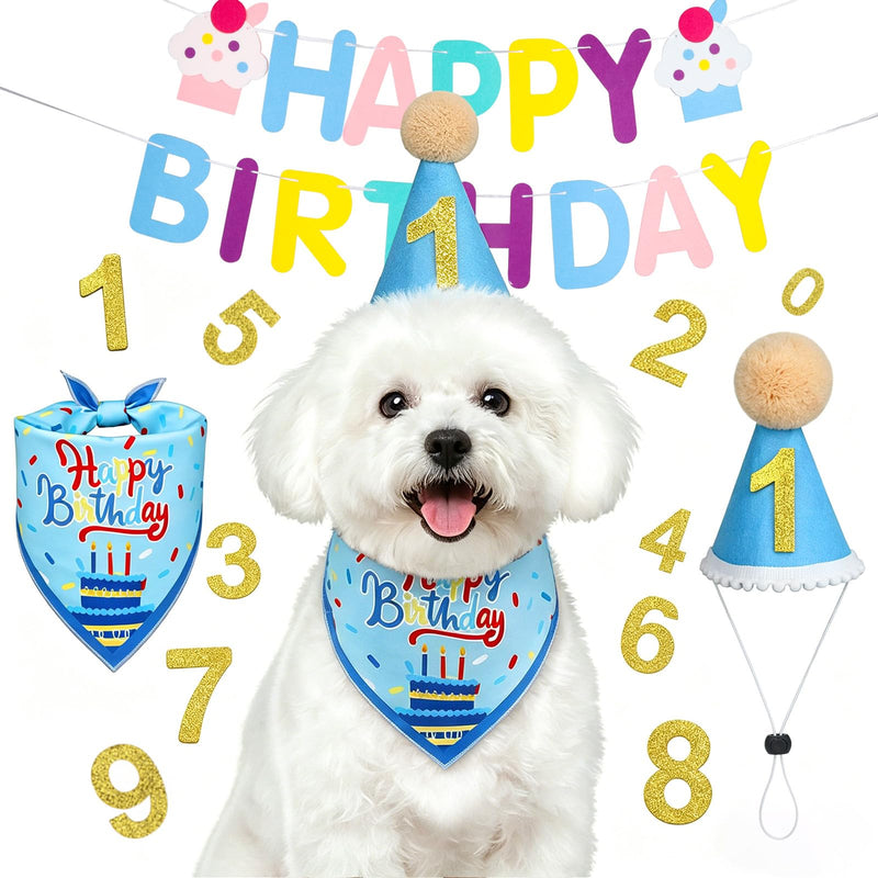 Supet Dog Birthday Decorations for Small & Large Dogs, Dog Boy Girl Birthday Kit with Party Hat | Happy Birthday Banner & Bandana, 1st Birthday Party Set, Pet Birthday Party Supplies (Blue, S)