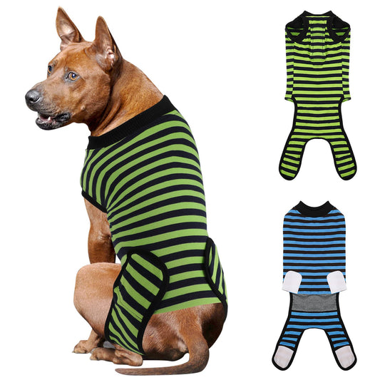 QUEARN 2 Packs Breathable Cotton Dog Recovery Suit for After Neuter Spay Abdominal Wounds Protector, Professional Anti-Licking Onesies for Male Female Pets Surgery Bandages, XL Blue & Green Stripes