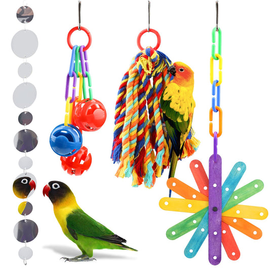 QUOZUO Small Bird Toys Parakeet Cage Accessories, Parakeet Toys, Swing Hanging Standing Chewing Toy, Bird Toys for Parakeets, Cockatiel, Parrot, 4pcs