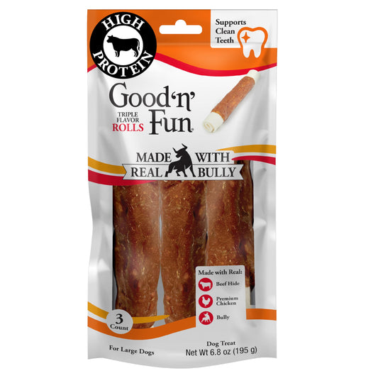 GOOD 'N' FUN Triple Flavor Rolls with Bully Chews, High-Protein Dog Treat for Large Adult Dogs, Made with Real Beef Hide, Chicken, Bully & Beef Liver Flavor, 3 Count