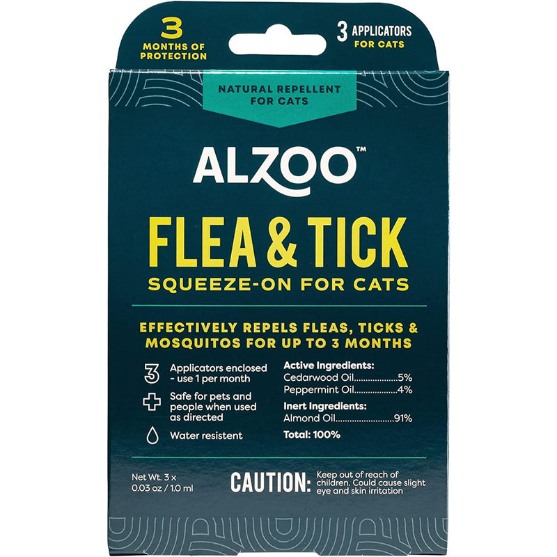 ALZOO Plant Based Flea & Tick Squeeze-On for Cats, Helps Repel Fleas, Ticks & Mosquitos, Up to 3-Months Protection, Plant-Based Active Ingredients, Water-Resistant, 3 EZ-On Applicators Per Pack