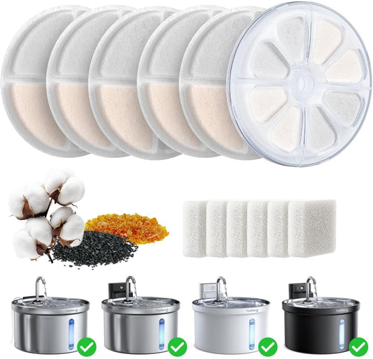 6 Pack Cat Water Fountain Filter & 6 Pack Pump Filter Sponges Replacement for [FN-W08L] and [FN-W06] - 6 Filters+1 ABS Shell+6 Sponges