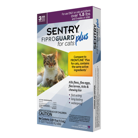 Sentry Fiproguard Plus for Cats, Flea and Tick Prevention for Cats, 1.5 lbs and Over, 3 Month Supply