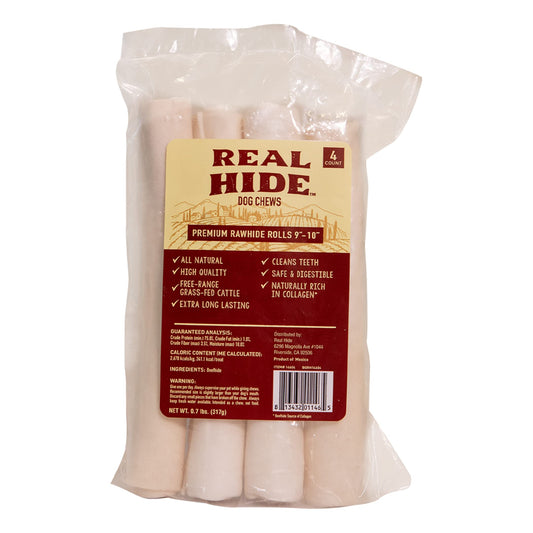 Real Hide All Natural Dog Chew Treats - Premium Rawhide Rolls, 9-10 Inch - Long Lasting Grass Fed Free Range Beef Hide for Medium/Large Dogs - 4 Count