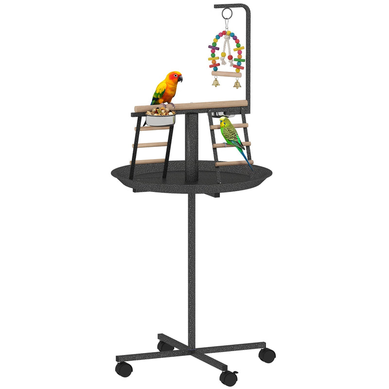 PawHut Bird Stand, Parrot Stand with Wheels, Perch, Stainless Steel Feed Bowls, Round Tray for Indoor Outdoor, Dark Gray
