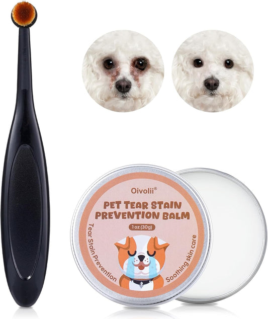 Tear Stain Remover Balm for Dogs & Cats with Pro Powder Brush – Natural Safe Gently Removes Eye Gunk & Stains – Great fo