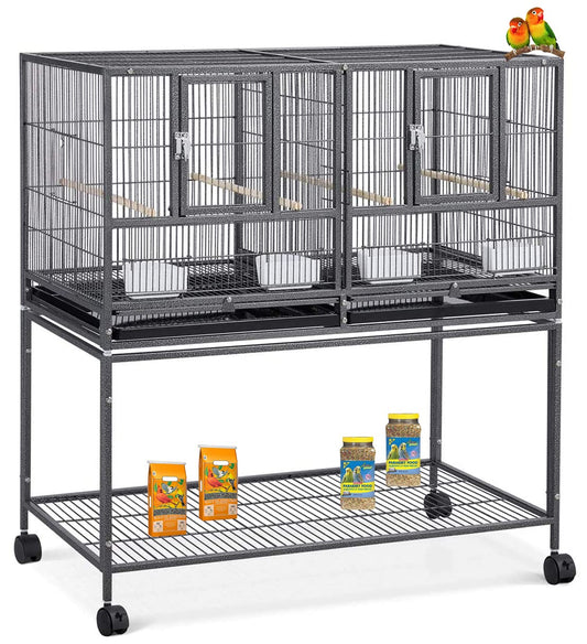 42" Sturdy Wrought Iron Single Stackable Center Divided Side Nesting Box Doors Breeder Breeding Bird Flight Double Rolling Cage for Aviaries Canaries Cockatiels Lovebirds Finches Budgies Small Parrots