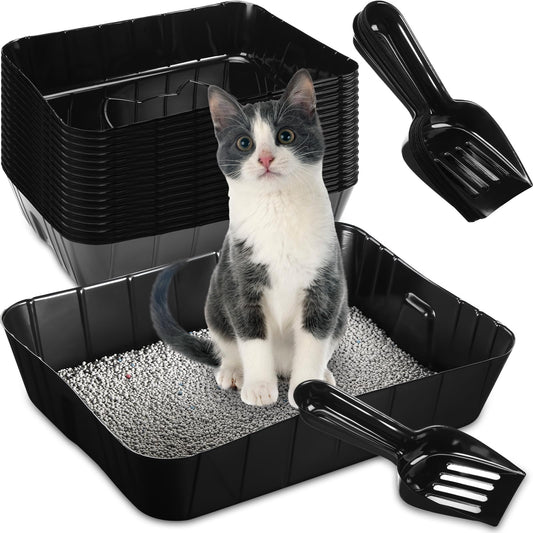 Bokon 50 Pcs 25 Set Disposable Litter Boxes for Cats with Scoop 15.7 x 11.8 x 3'' Plastic Cat Litter Tray Large Kitten Pan for Kitty Rabbit Guinea Pig Hamster Pets Supplies Travel Home Toilet(Black)