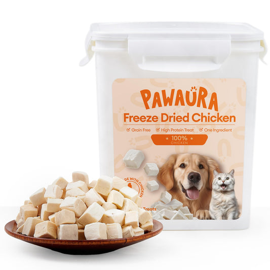Pawaura Freeze Dried Chicken Cats & Dogs Treats, High Protein Single Ingredient - No Additives | Grain Free | Training & Nutrition Supplements, Sealed Box, 1.1LB