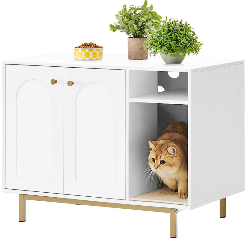 Hzuaneri Cat Litter Box Enclosure,Hidden Litter Box Furniture with Storage, Large Wooden Cabinet with Sisal Mat, Modern Cat Washroom for Living Room, Bedroom, Entryway, White and Gold 01503GCLB