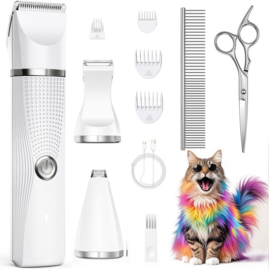 Bautrium Cat Grooming Clippers Kit with Paw Trimmer, 3 in 1 Electric Pet Hair Trimmer Supplies for Thick Matted Hair, Heavy Coat Butt Shaver Cat Razor Fur Trimmer for Dogs at Home (White)