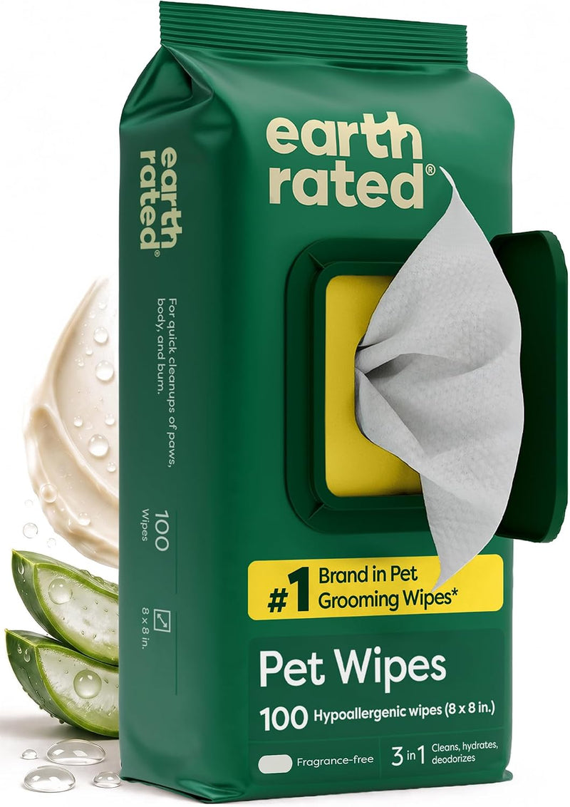 Earth Rated Pet Wipes for Dogs and Cats, Hypoallergenic, 3-in-1 Cleaning, Deodorizing and Hydrating, for Grooming Paws, Body and Butt, Unscented, 100 Count