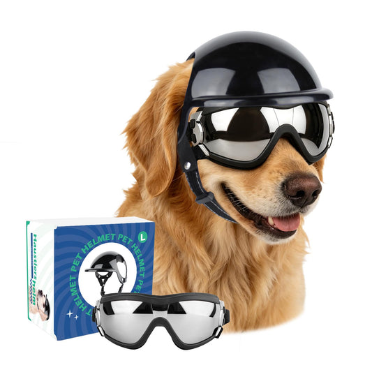PETLESO Dog Goggles and Pet Helmet Set, Large Dog Sunglasses Anti-UV Windproof, Safety Motorcycle Helmet with Ear Holes for Medium to Large Breeds, Head& Eyes Protection, Black L