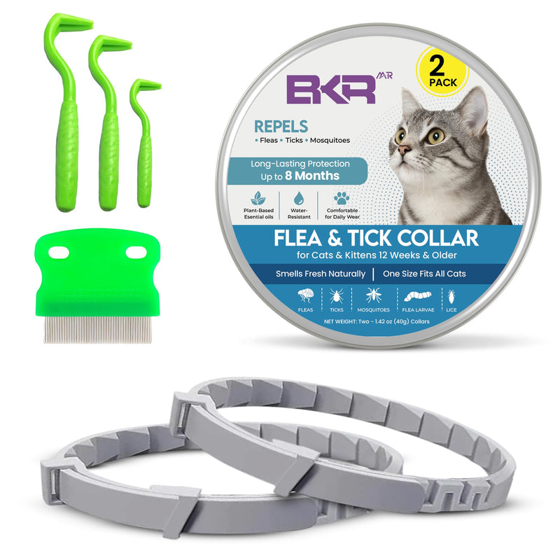 BKRMART Cat Flea and Tick Collar (2 Pack) – Natural Waterproof Flea Collar for Cats & Kittens with 8 Month Protection Adjustable Cat Flea Collar Includes Tick Removal Tools & Flea Comb
