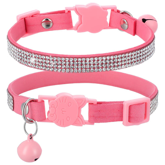 Cat Collars For Girl Cats With Rhinestone, Adjustable Breakaway Kitten Collar With Bell, Soft Velvet Pink Cat Collar Diamond Girl Boy Kitty Cute Comfy Collar For Kitten Tiny Little Pets Rabbits(Pink)