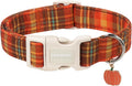DOGWONG Vintage Fall Tartan Dog Collar, Adjustable Halloween Orange Plaid Cotton Pet Collar, Autumn Dog Collars for Smal