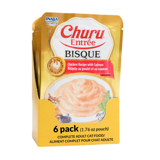 INABA Churu Entrée Bisque for Cats, Grain-Free, High Moisture, Prebiotic Wet Cat Food, 1.76oz. per Pouch, 6 Pouches, Chicken with Salmon Recipe