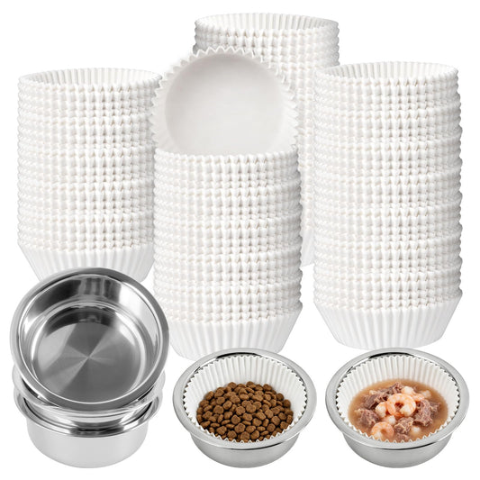 Supkiir Disposable Cat Bowls Set, 1000 Pcs Paper Cat Feeding Bowl Liners and 5 Pcs Stainless Steel Pet Bowls, Small Paper Disposable Pet Food Bowl for Small Dogs Cats, Puppy Kitten and Dry or Wet Food