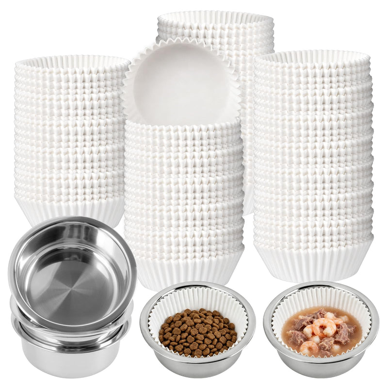 Supkiir Disposable Cat Bowls Set, 1000 Pcs Paper Cat Feeding Bowl Liners and 5 Pcs Stainless Steel Pet Bowls, Small Paper Disposable Pet Food Bowl for Small Dogs Cats, Puppy Kitten and Dry or Wet Food