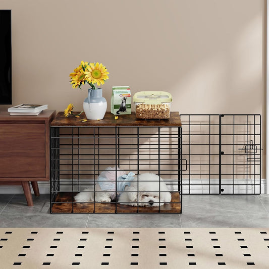 24 Inch Small Dog Crate Furniture - All-Season Indoor Dog Kennel with Wooden Top & Thickened Metal Wire, Cage for Small 