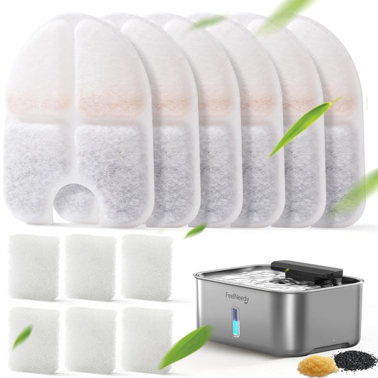 FEELNEEDY 6 Packs Dog Water Fountain Filters & 6 Packs Pump Filters Sponges Replacement, Pet Water Fountain Filter for 3.5Gal/13L Dog Water Dispenser (FN-W13)