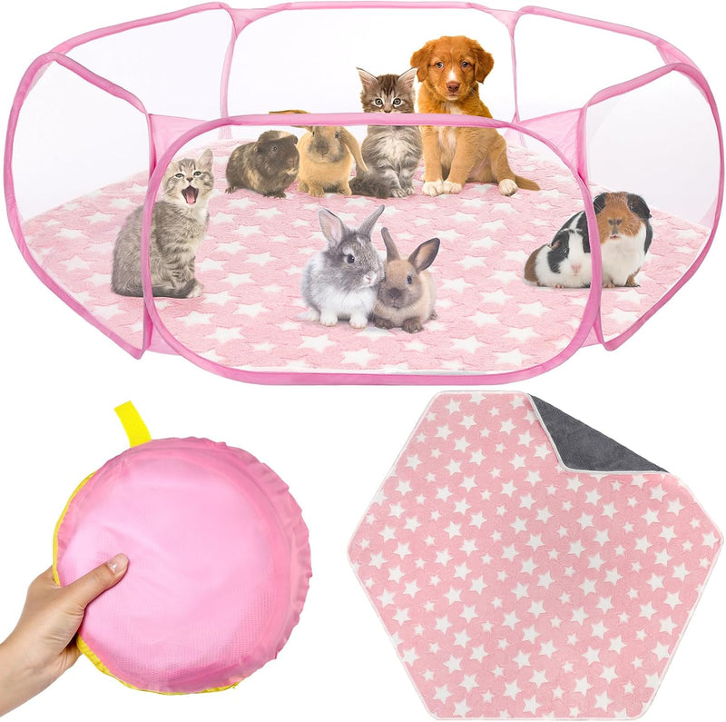 VitalCozy Guinea Pig Playpen with Mat Small Animal, Pink, Star