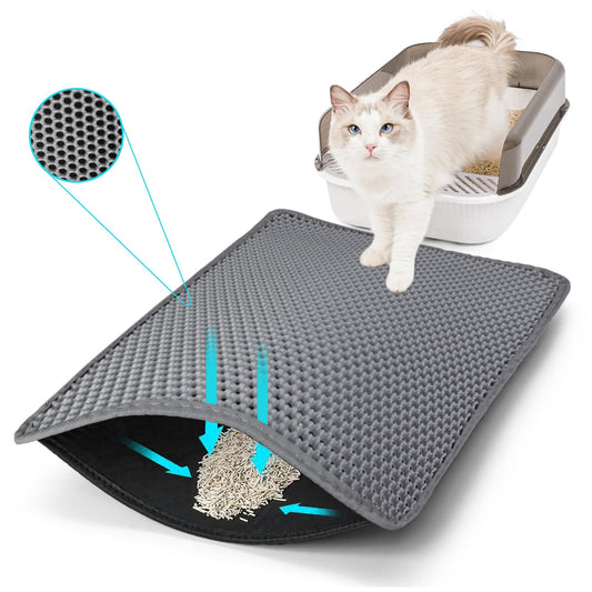 FADEYJ Cat Litter Mat, Kitty Litter Collector, Double Layered Honeycomb Design Waterproof, Anti Urine, Anti Slip, Easy to Clean, Limit Garbage (35"x24", Grey)