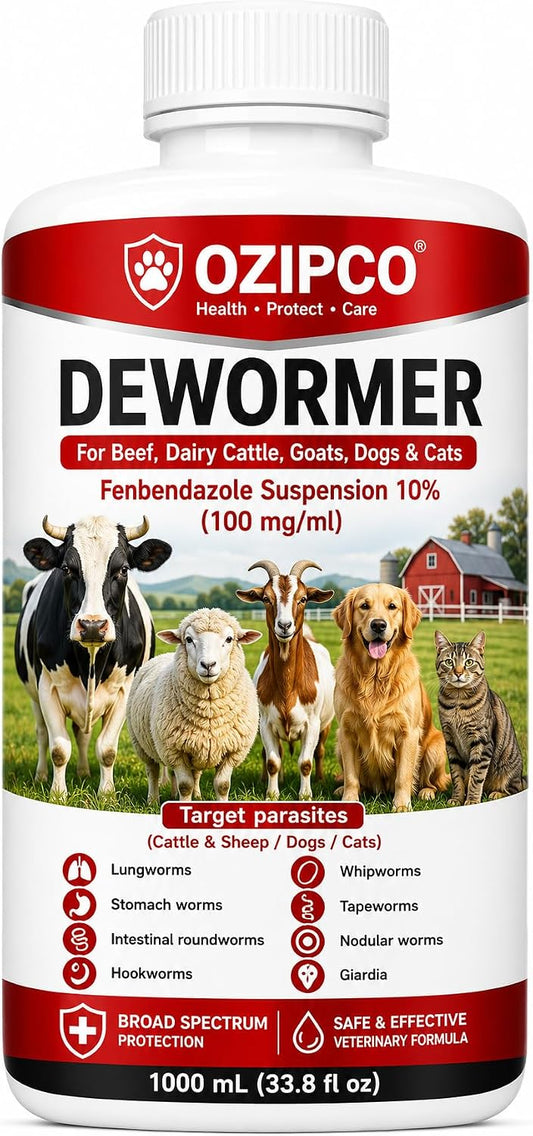 Livestock Dewormer for Beef & Dairy Cattle, Goats, Dogs & Cats – Fenbendazole 10% Suspension – Liquid Wormer for Roundwo
