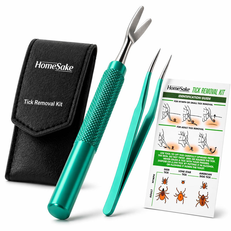 Homesake Tick Remover Tool for Dogs, Cats & Humans | Deer Tick Remover Kit | Stainless Steel Tick Removal Tool with Fine Tip Tweezers | Removes Entire Tick Head & Body | Pouch & ID Card